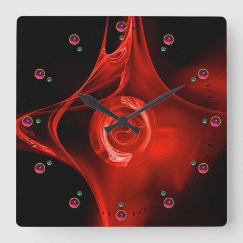 RED FRACTAL ROSE IN BLACK PINK FUCHSIA GEMSTONES SQUARE WALL CLOCK