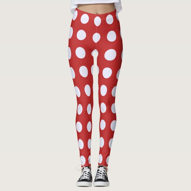 Red Fractal-style - White Fractal-style Polka Dots Leggings (Front)