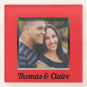Red Frame Engaged Couple Photo Personalized Glass Coaster