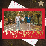 Red Frame & Gold Merry Christmas Photo Foil Holiday Card<br><div class="desc">Merry Christmas Holidays Script in real foil gold,  wishing your loved ones in style. Your photo on the back or current backing pattern. Funky Calligraphy script style. Lettering style. Big photo design. Happy,  festive design.</div>