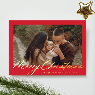 Red Frame & Gold Merry Christmas Photo Foil Holiday Card