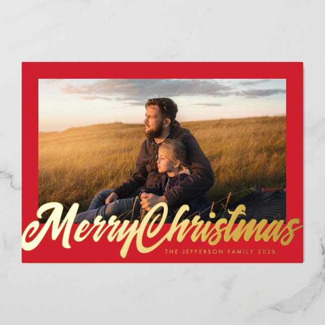 Red Frame & Gold Merry Christmas Photo Foil Holiday Card (Front)