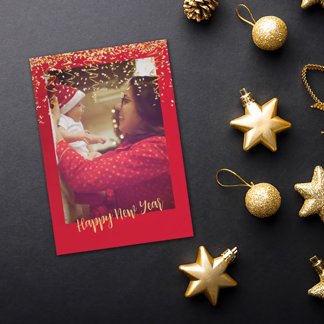 Red Frame Gold "new year" Photo Christmas Card (Creator Uploaded)