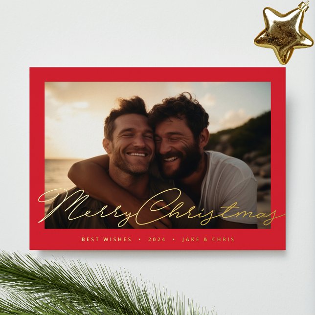 Red Frame Handwritten Gold Merry Christmas Photo Foil Holiday Card (Creator Uploaded)