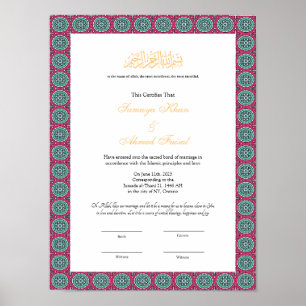 Red frame Muslim nikkah certificate poster