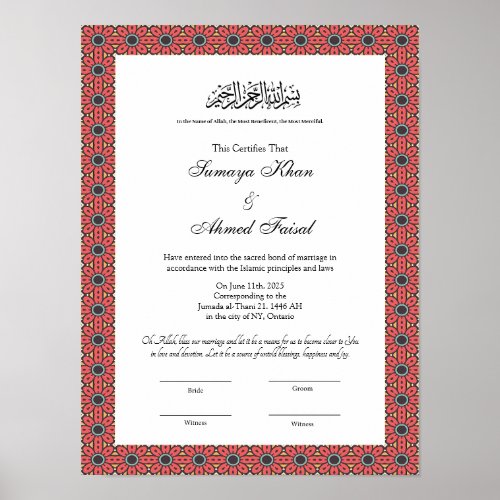 Red frame nikkah certificate poster