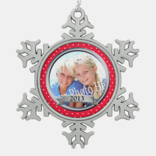 Red Frame Polka Dot Keepsake Snowflake Pewter Christmas Ornament