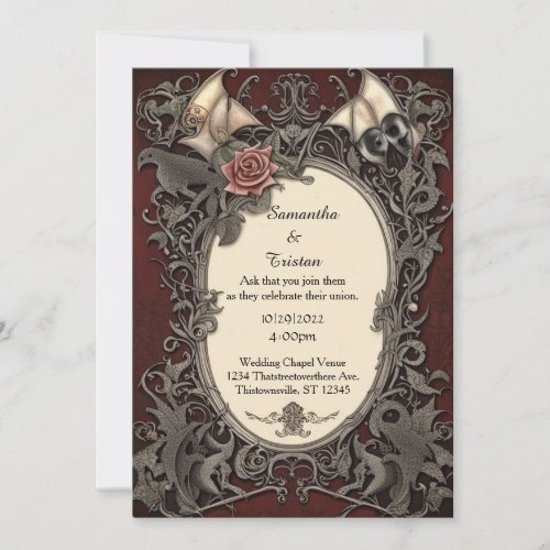 Red Framed Batwing Roses Goth Wedding Invitation
