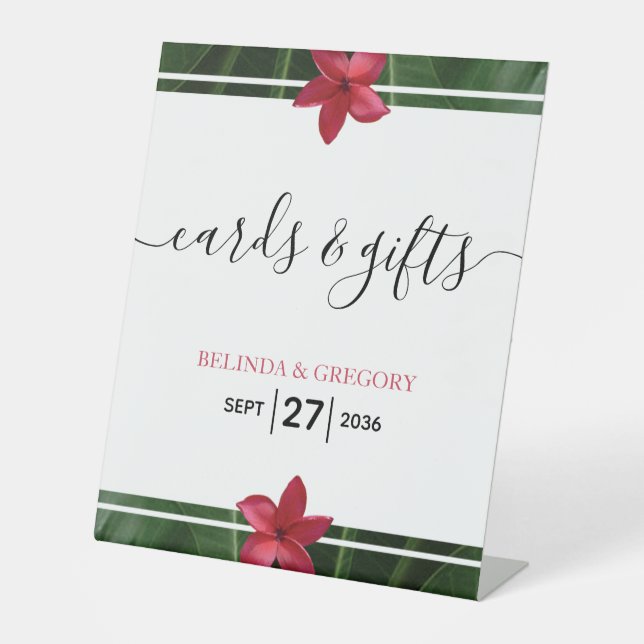 Red Frangipani Plumeria Wedding Cards & Gifts Pedestal Sign (Front)