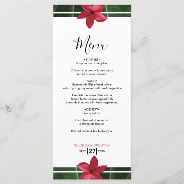 Red Frangipani Plumeria Wedding Menu (Front)