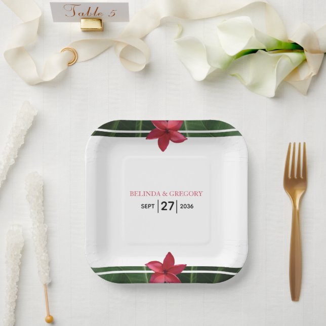 Red Frangipani Plumeria Wedding  Paper Plates (Wedding)