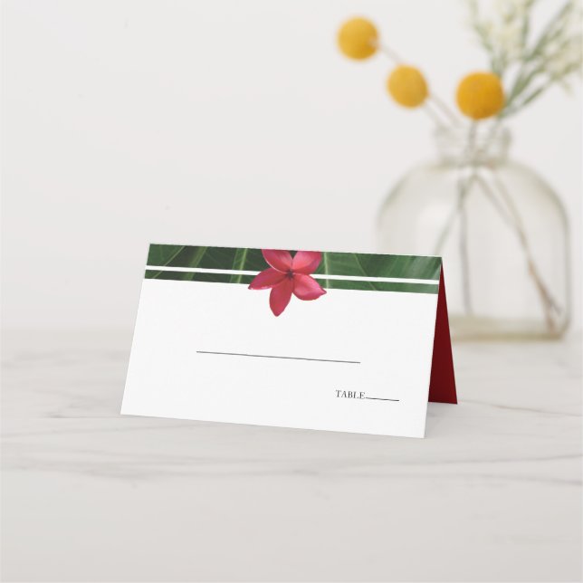 Red Frangipani Plumeria Wedding Place Card (Front)