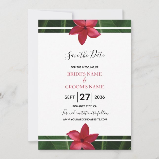 Red Frangipani Plumeria Wedding Save The Date (Front)