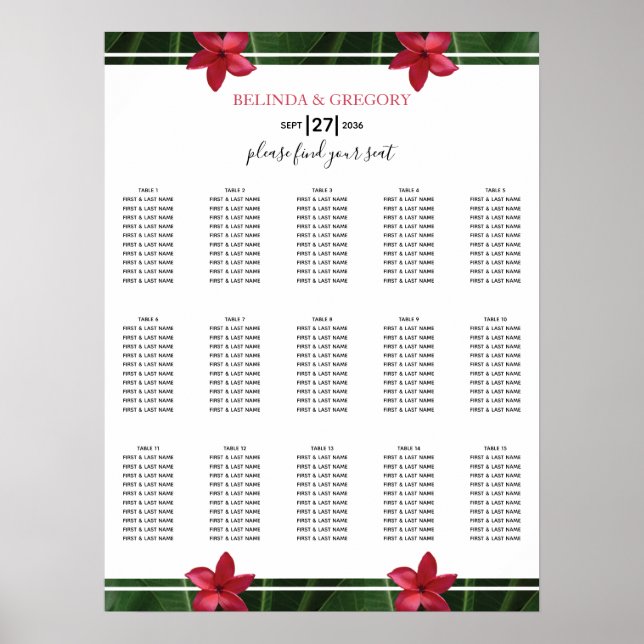 Red Frangipani Plumeria Wedding Seating Chart (Front)