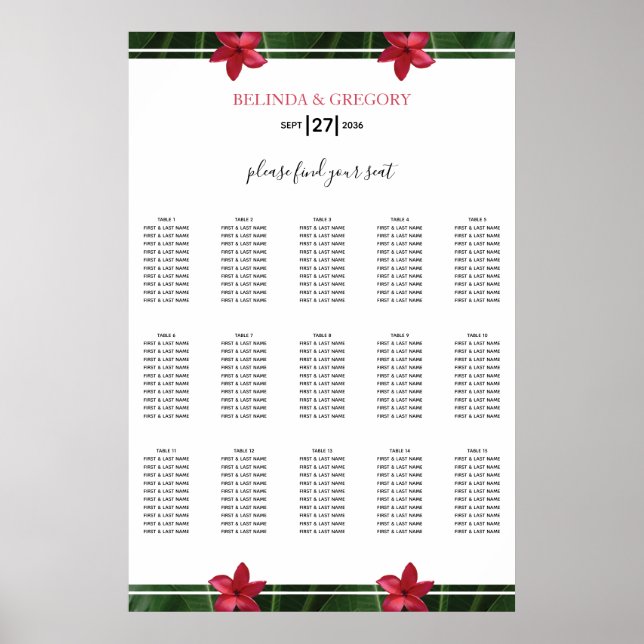 Red Frangipani Plumeria Wedding Seating Chart (Front)