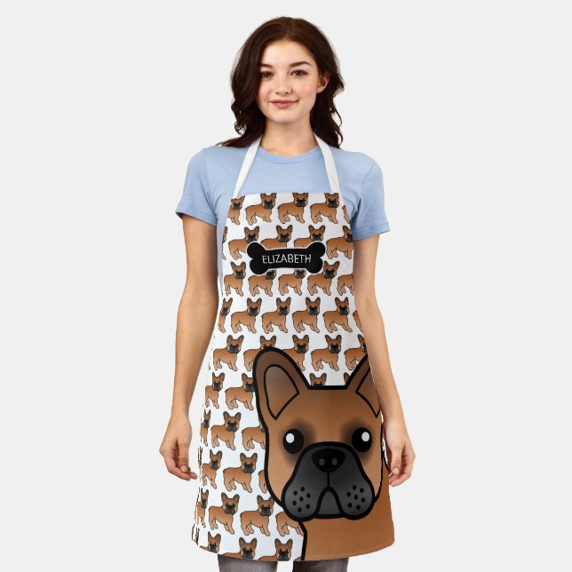 Red French Bulldog Cute Cartoon Dog & Name Apron (Worn)