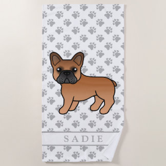 Red French Bulldog Cute Cartoon Dog &amp; Name Beach Towel