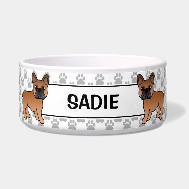 Red French Bulldog Cute Cartoon Dog & Name Bowl (Front)