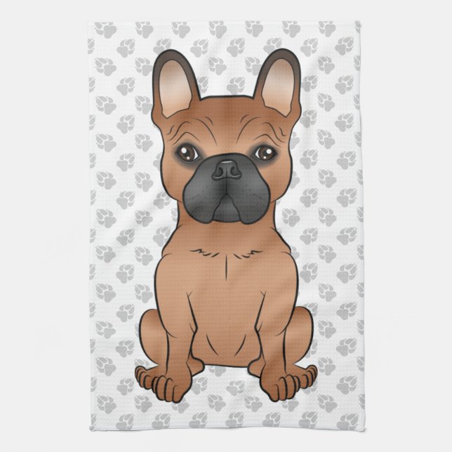 Red French Bulldog / Frenchie Cartoon Dog & Paws Kitchen Towel (Vertical)