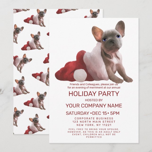 Red French Bulldog Santa Hat Corporate Holiday Invitation (Front/Back)