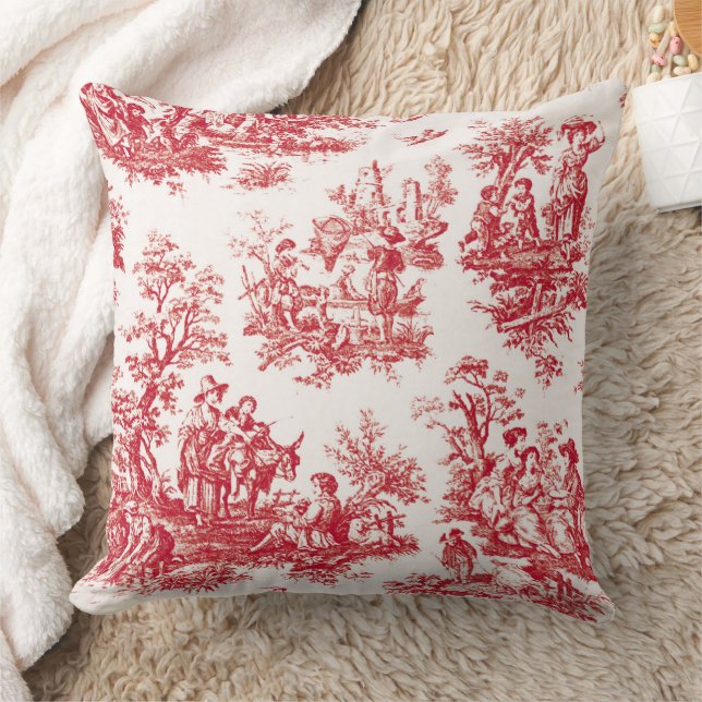 Red French Country Toile Throw Pillow (Blanket)