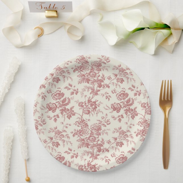 Red French Toile Canvas Floral Paper Plates  (Wedding)
