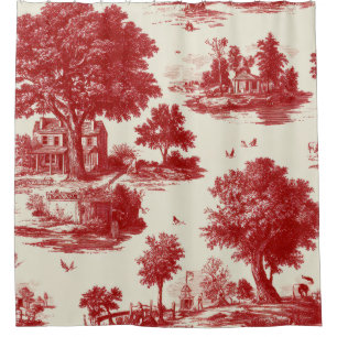 Red French Toile Countryside Pastoral Pattern Shower Curtain