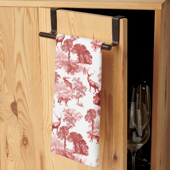 Red French Toile Deer Forest Countryside Kitchen Towel (Thirds Fold)