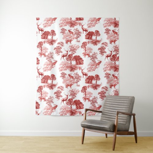 Red French Toile Deer Fox Forest Pattern Tapestry