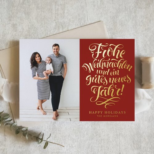 Red Frohe Weihnachten Calligraphy Photo Foil Holiday Card