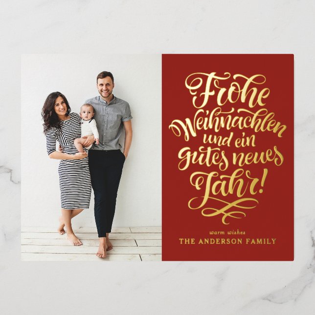 Red Frohe Weihnachten Calligraphy Photo Foil Holiday Postcard (Front)