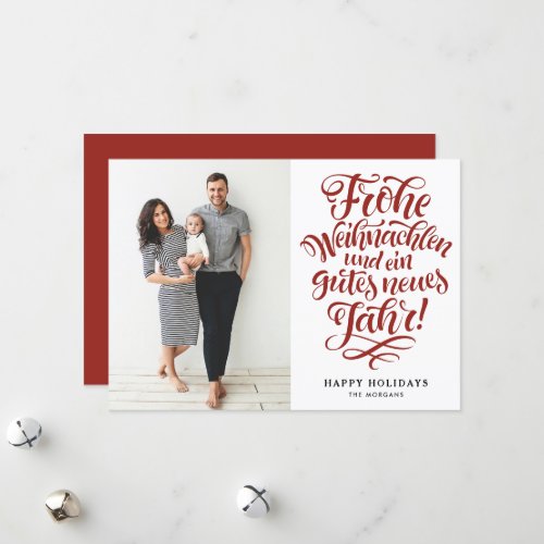 Red Frohe Weihnachten Calligraphy Photo Holiday Card