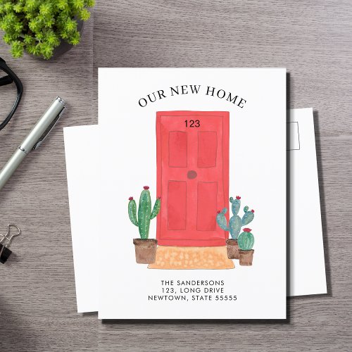 Red Front Door Watercolor Cacti Moving Announcement Postcard