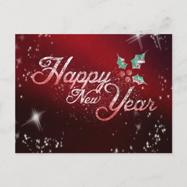 Red Frost Holly Happy New Year Holiday Postcard (Front)