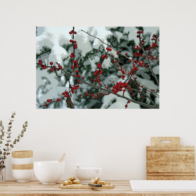 Red Frozen Berries Winter Season Poster Wall Art (Kitchen)