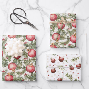 Red Fruit Pomegranate Christmas Wrapping Paper Sheets