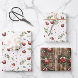 Red Fruit Pomegranate Christmas Wrapping Paper Sheets