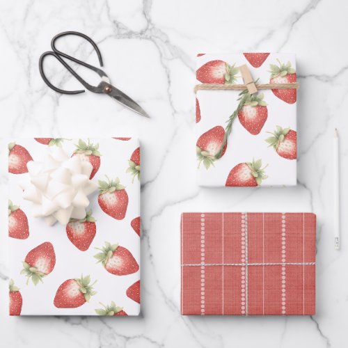 Red Fruit Strawberries Birthday Wrapping Paper Sheets
