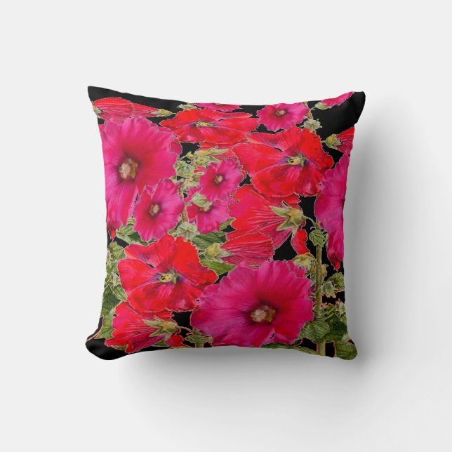 RED & FUCHSIA PINK HOLLYHOCKS  BLACK GARDEN ART THROW PILLOW (Front)