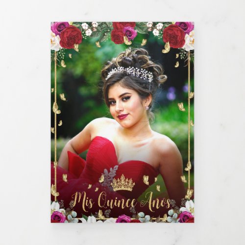 Red Fuchsia Roses Gold Butterflies Quinceaera Tri_Fold Invitation