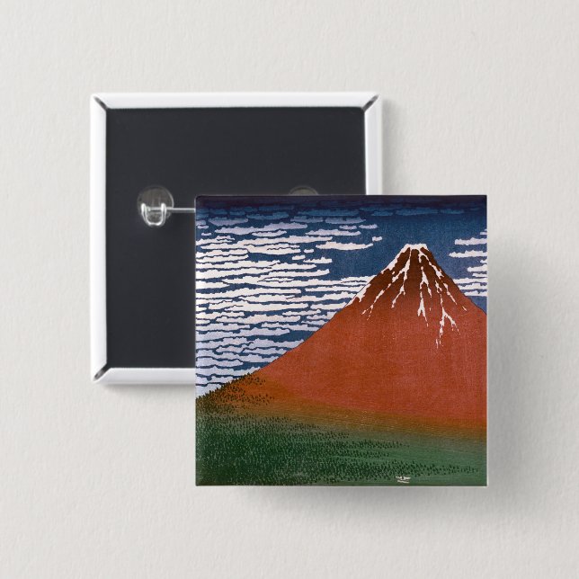 Red Fuji, Aka Fujiyama Volcano Katsushika Hokusai Button (Front & Back)