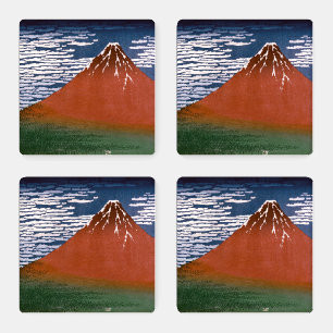 Red Fuji, Aka Fujiyama Volcano Katsushika Hokusai Coaster Set