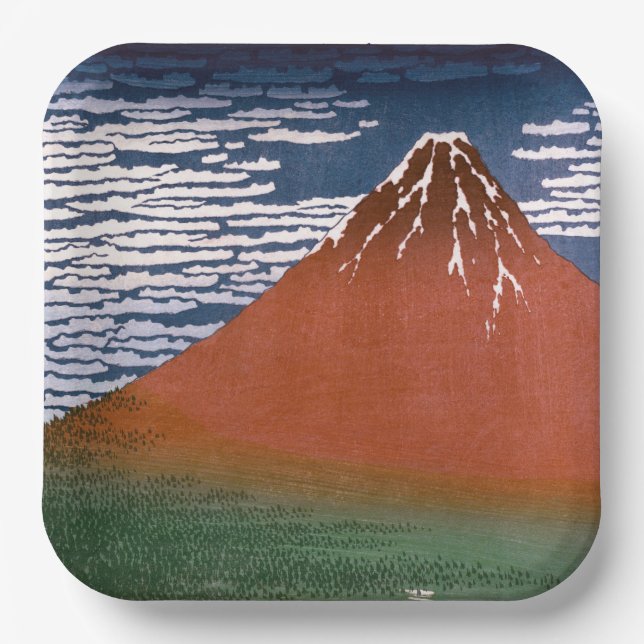 Red Fuji, Aka Fujiyama Volcano Katsushika Hokusai Paper Plates (Front)
