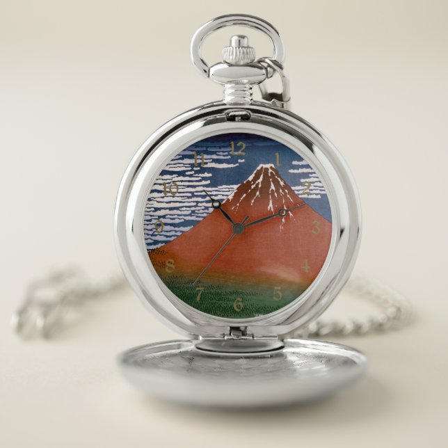Red Fuji, Aka Fujiyama Volcano Katsushika Hokusai Pocket Watch (Inside)