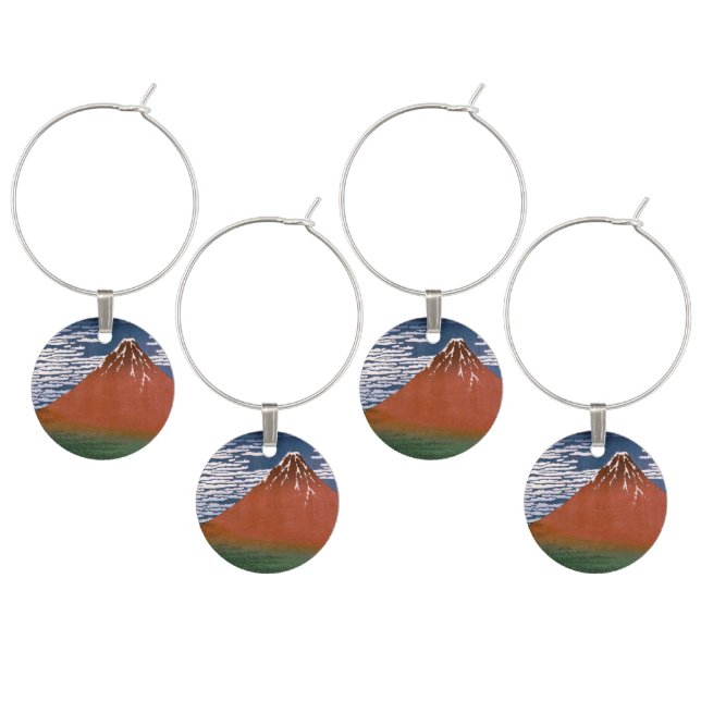 Red Fuji, Aka Fujiyama Volcano Katsushika Hokusai Wine Charm (Staggered)