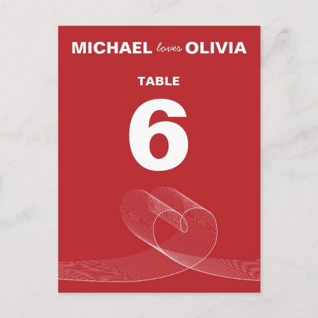 Red Fun Loopy Love Lines Simple Table Number Card (Front)