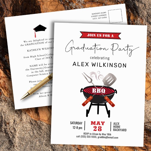 Red Fun Script Simple Graduation BBQ Invitation Postcard (Creator Uploaded)