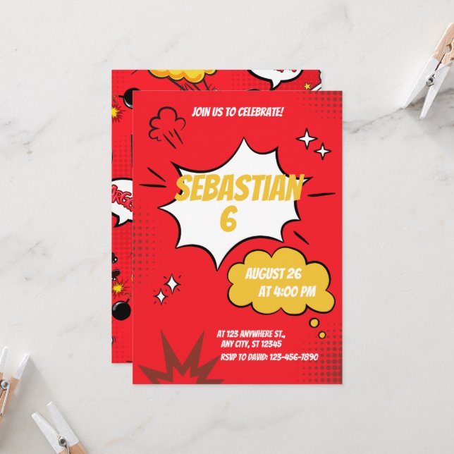 Red Funny Comic Book Style Invitation (Front/Back In Situ)