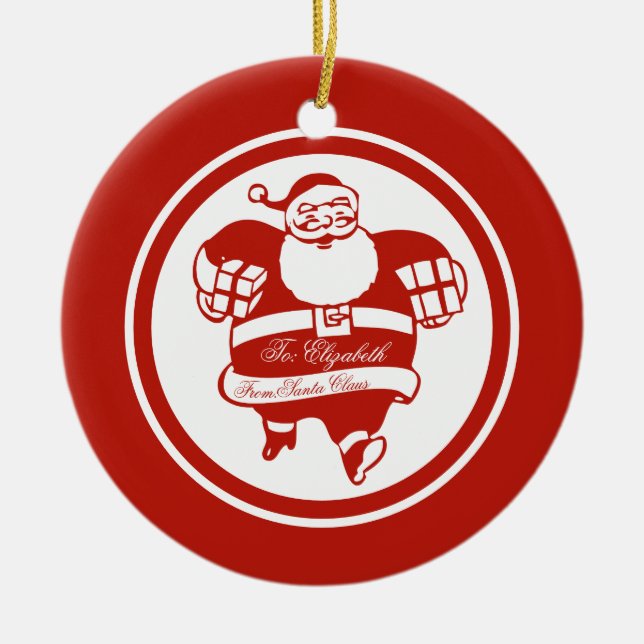 Red Funny Cute Santa Claus Custom Name or Text Ceramic Ornament (Front)