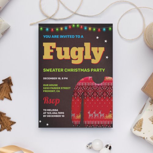 Red Funny Fugly Ugly Sweater Christmas Party Invitation